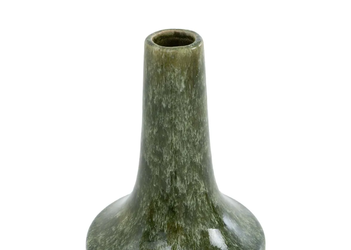 A shiny green vase from EZ Livings Tezu range. Closeup of long neck