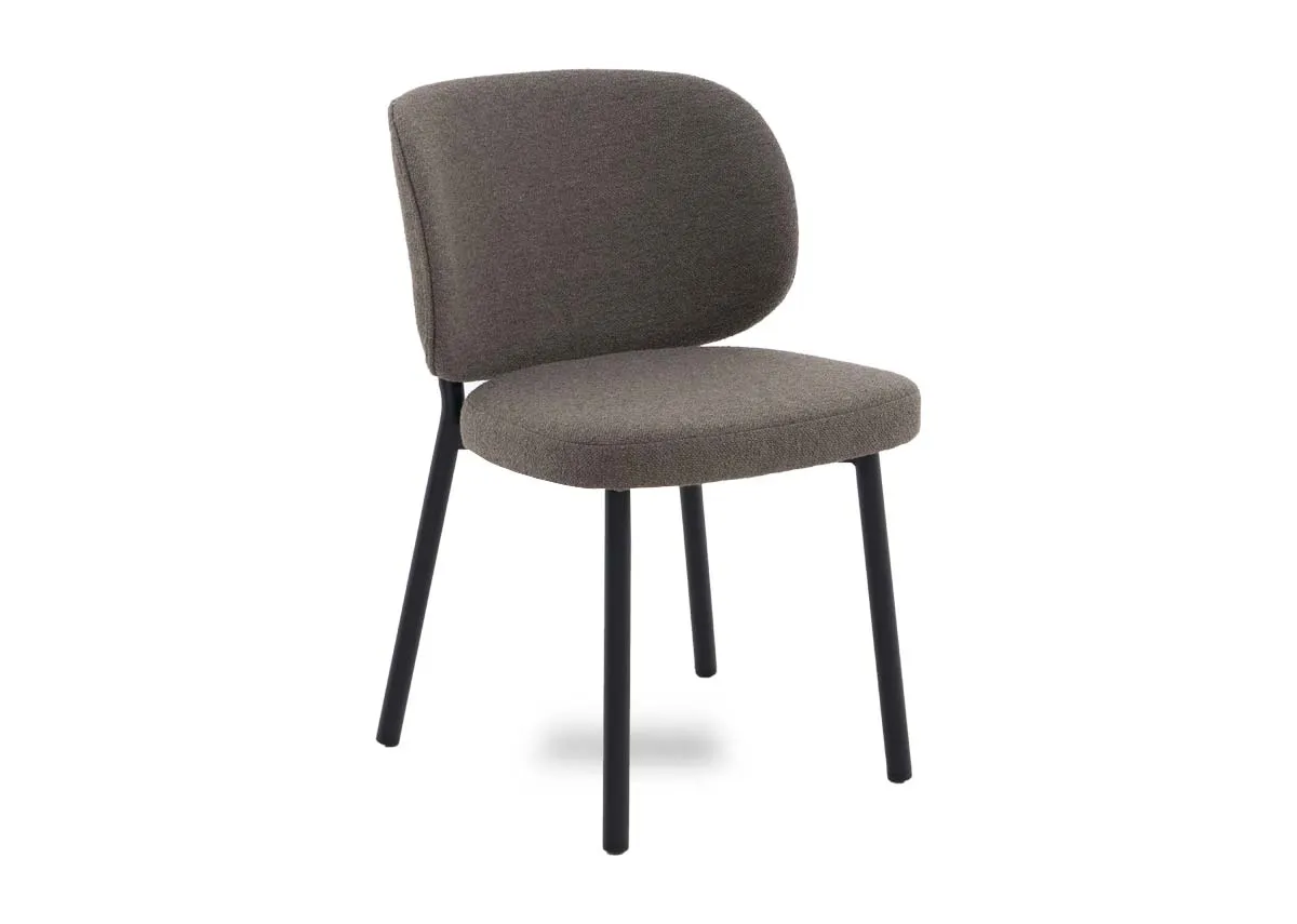 A dark taupe fabric dining chair from EZ Livings Swan range. Angled view