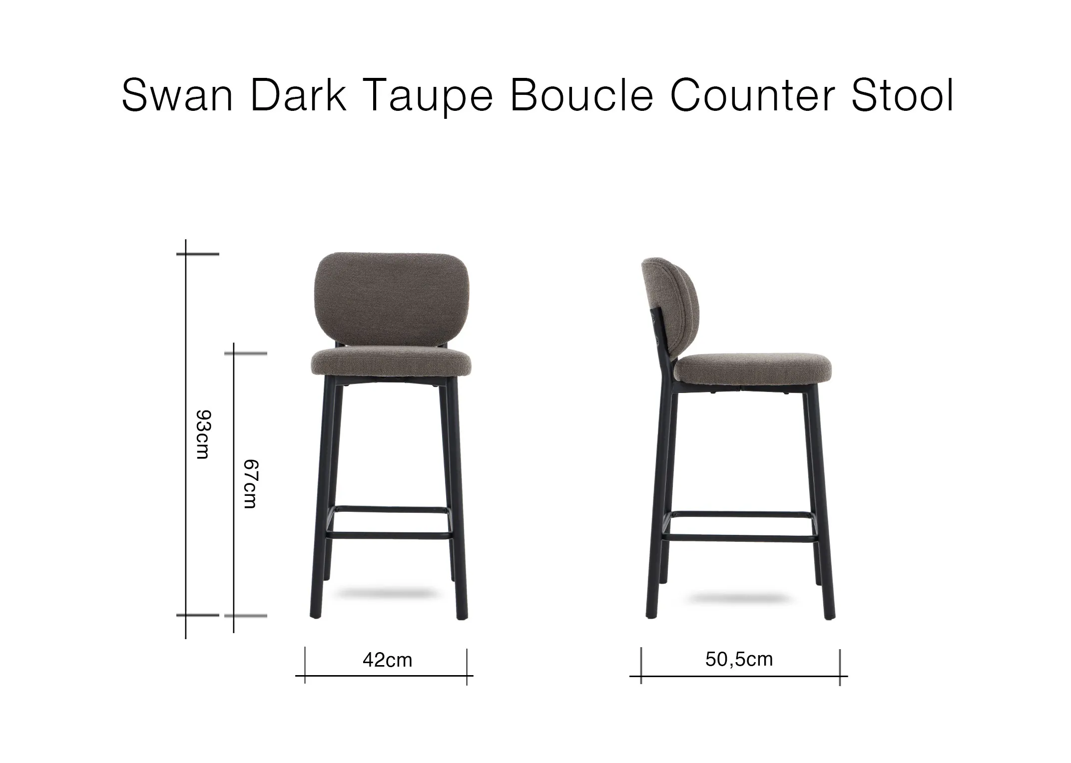 A dimension image of the Swan Bar Stool with 42cm x 50.5cm x 97cm