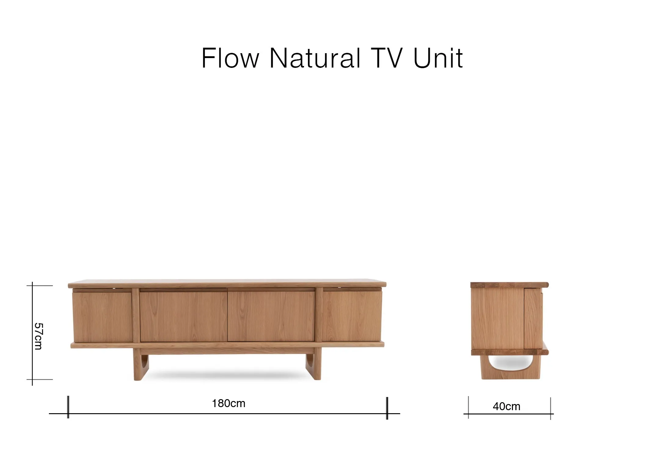 A dimension image of the Flow Natural tv unit with 180cm x 40cm x 57cm