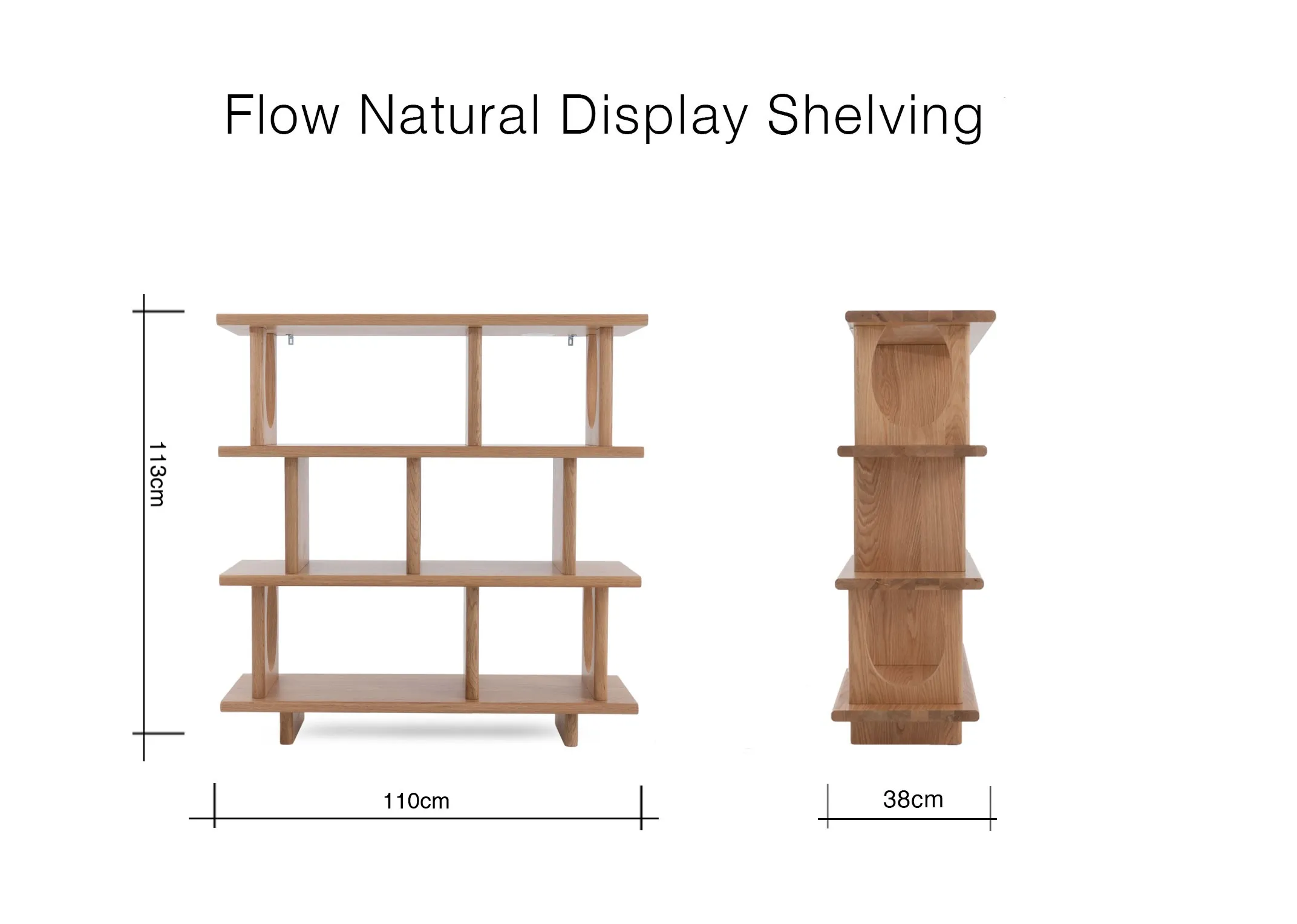 A dimension image of the Flow Natural display with 100cm x 38cm x 113cm
