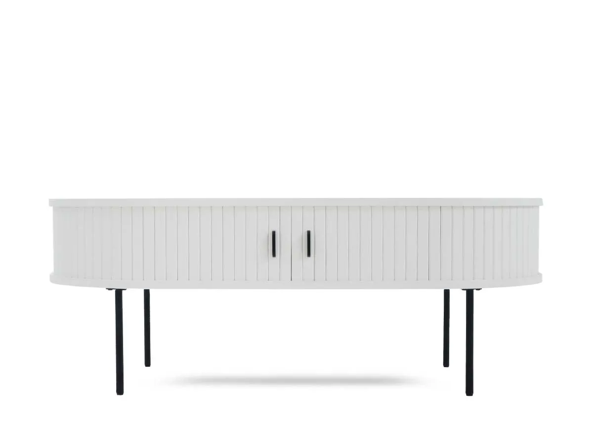 A white oval coffee table with a slatted design on its doors and black legs presented in a full front view.