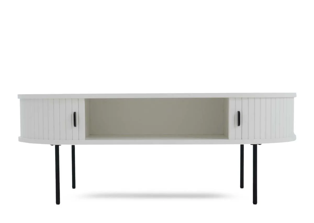 A white oval coffee table with a slatted facade and black legs showing the central open storage compartment.