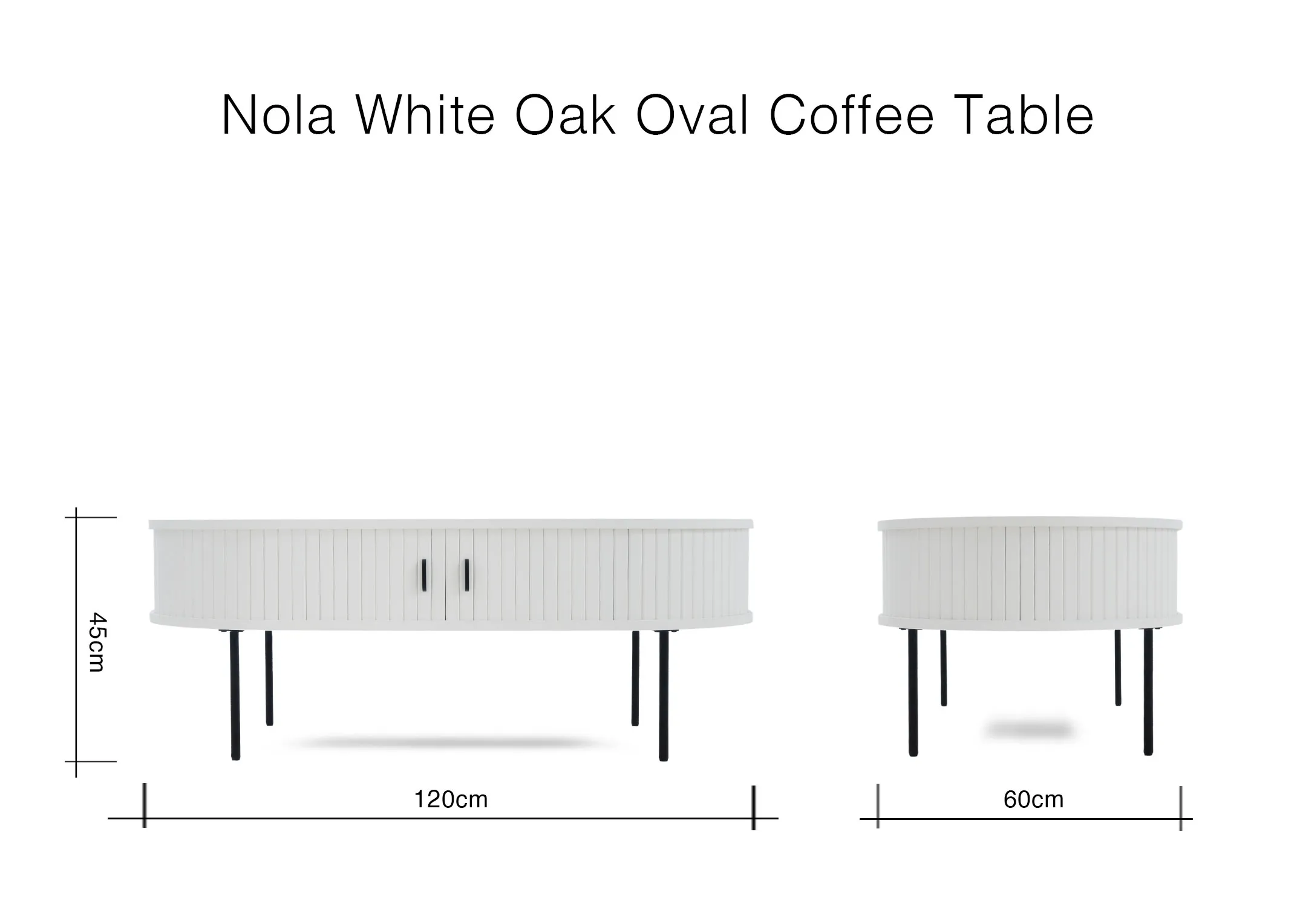 A dimension image of the Nola white oval coffee table with 120cm x 60cm x 45cm