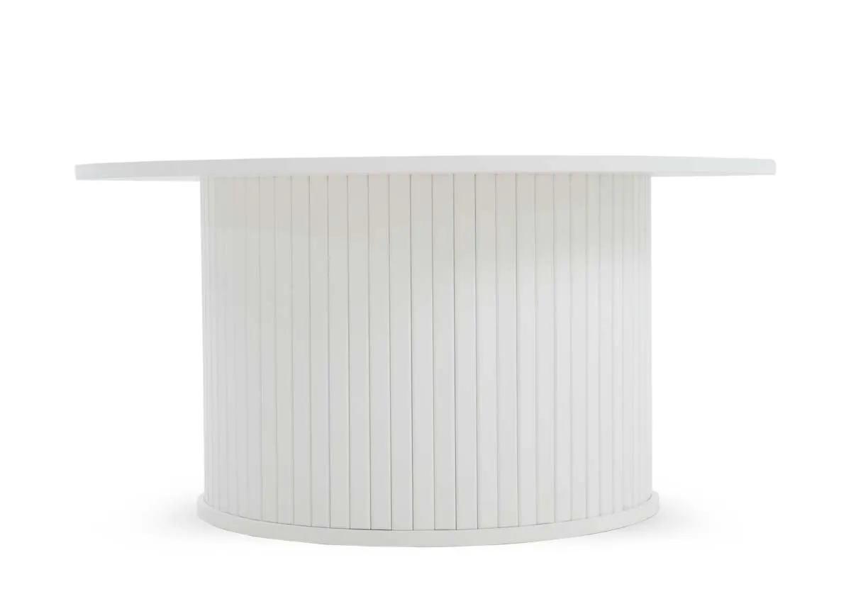 A white oak round coffee table seen from a direct front angle featuring a smooth round top and a cylindrical slatted base.
