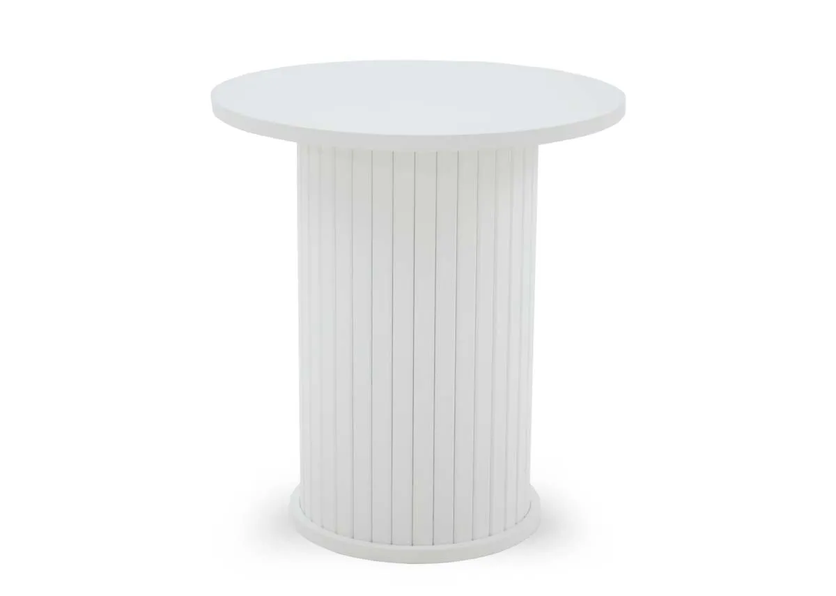 A round white lamp table featuring a fluted cylindrical base and a flat circular top surface. The table stands tall and slender.