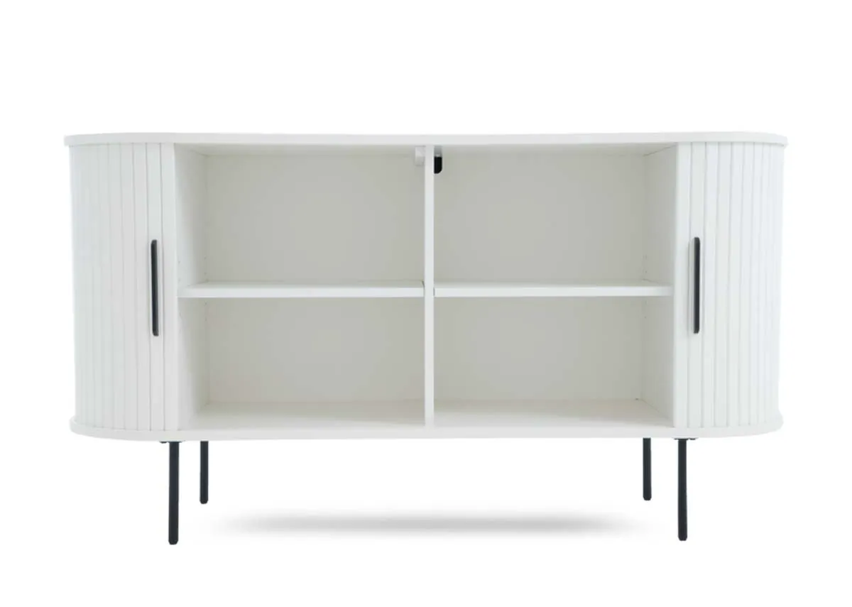 A white oak tambour sideboard with both slatted doors open revealing four spacious interior compartments and dark handles.