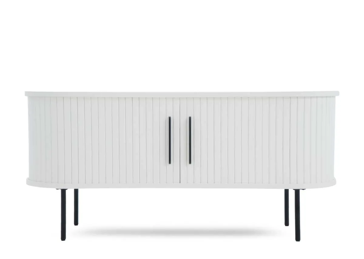 A white tambour TV unit with curved sliding doors closed featuring a ribbed front design and black handles on black legs.
