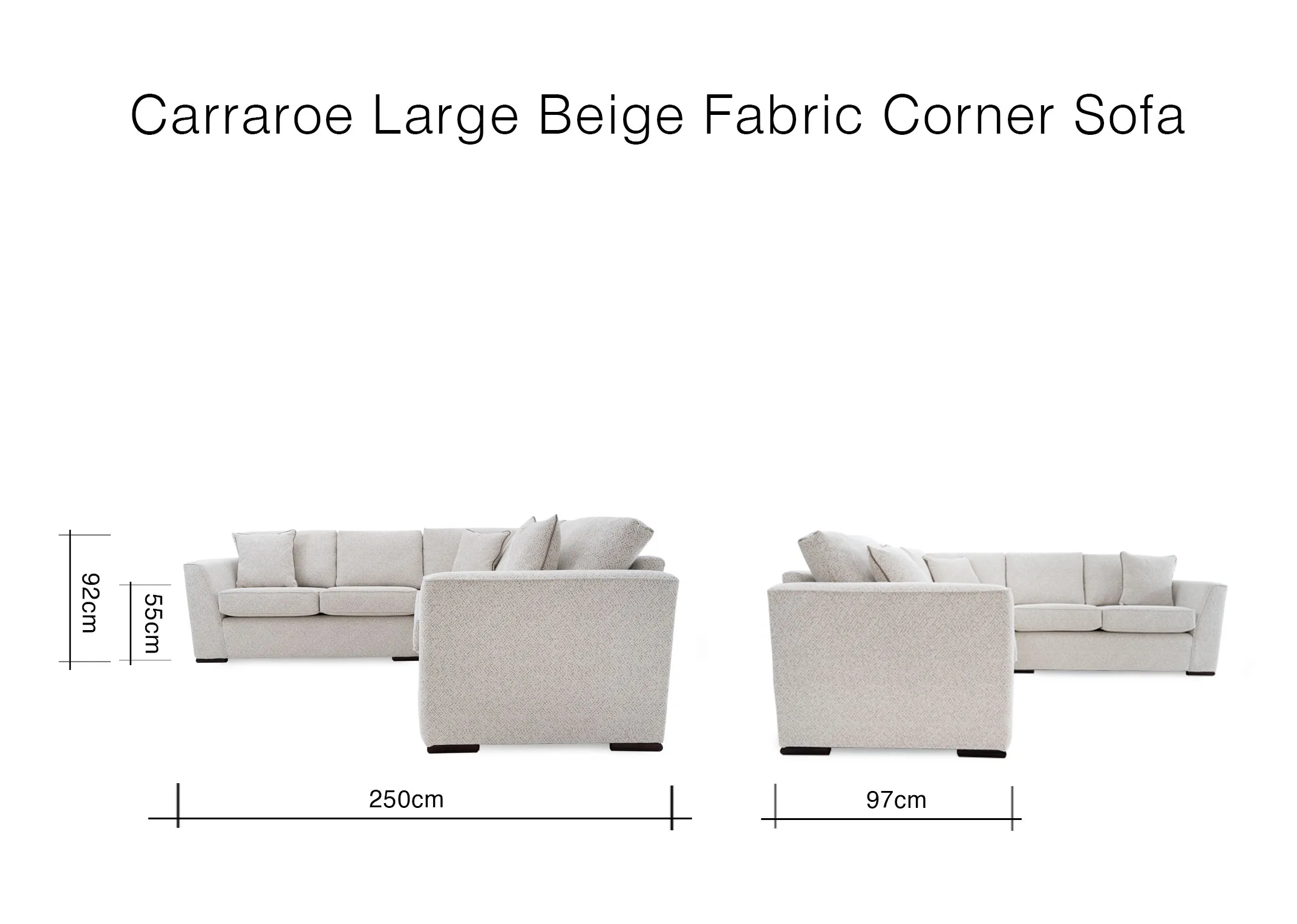 A dimensionimage of the Carraroe corner sofa with 97cm x 250cm x 90cm
