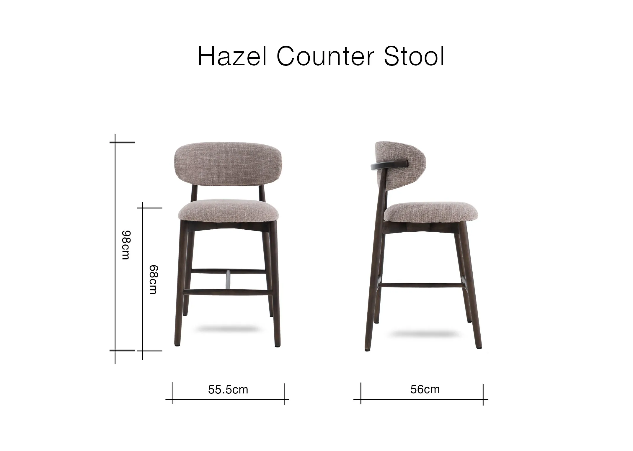 A dimension image of the Hazel stool with 55.5cm x 56cm x 98cm