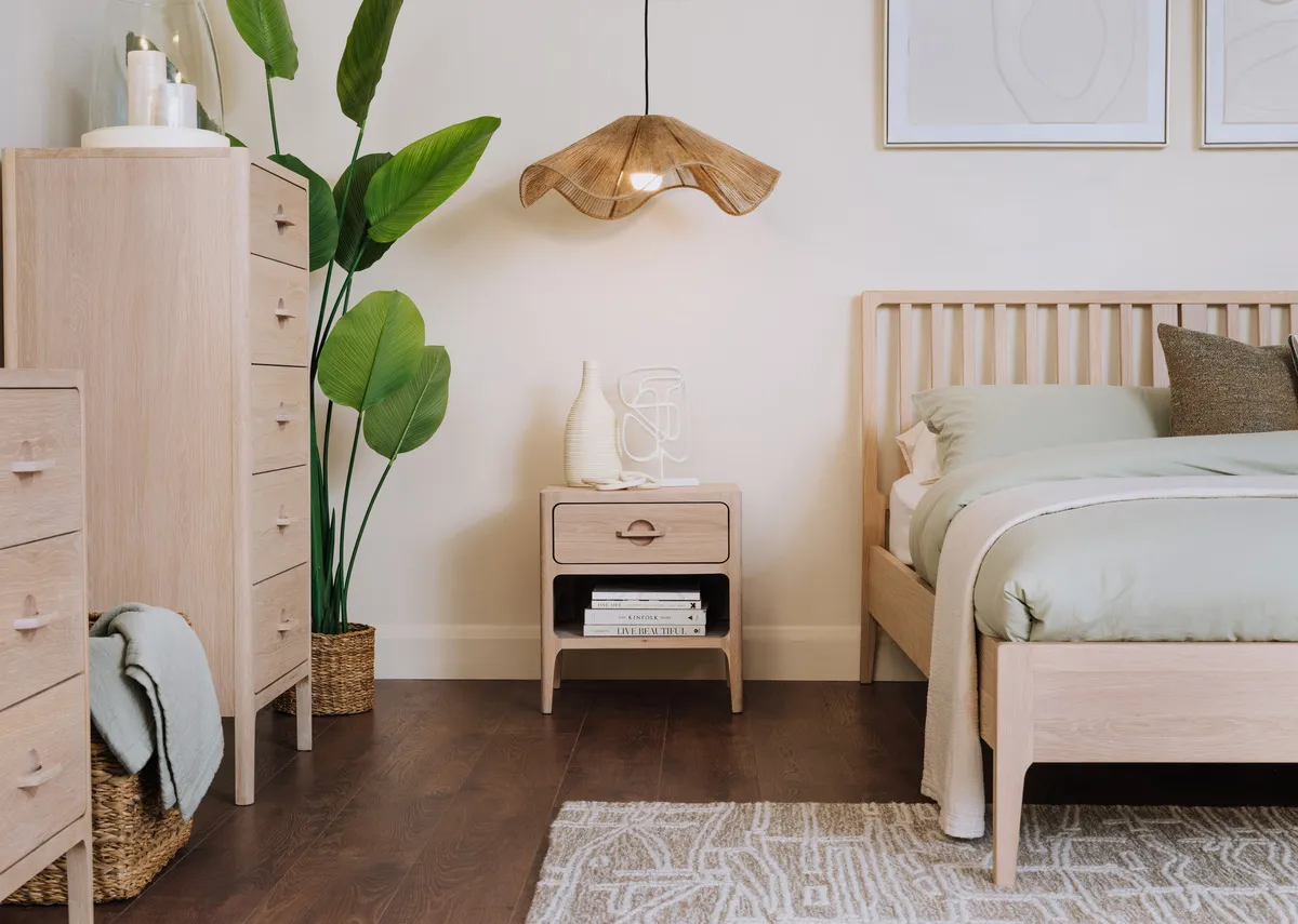 A lifestyle image of the Jay locker with matching bedframe and chests.