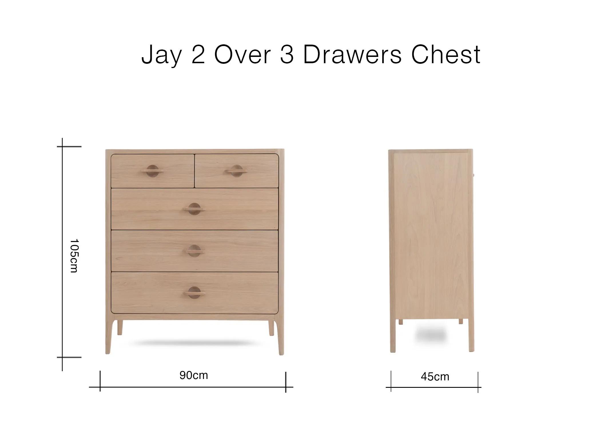 A dimension image of the Jay 2 over 3 drawers with 90cm x 45cm x 105m