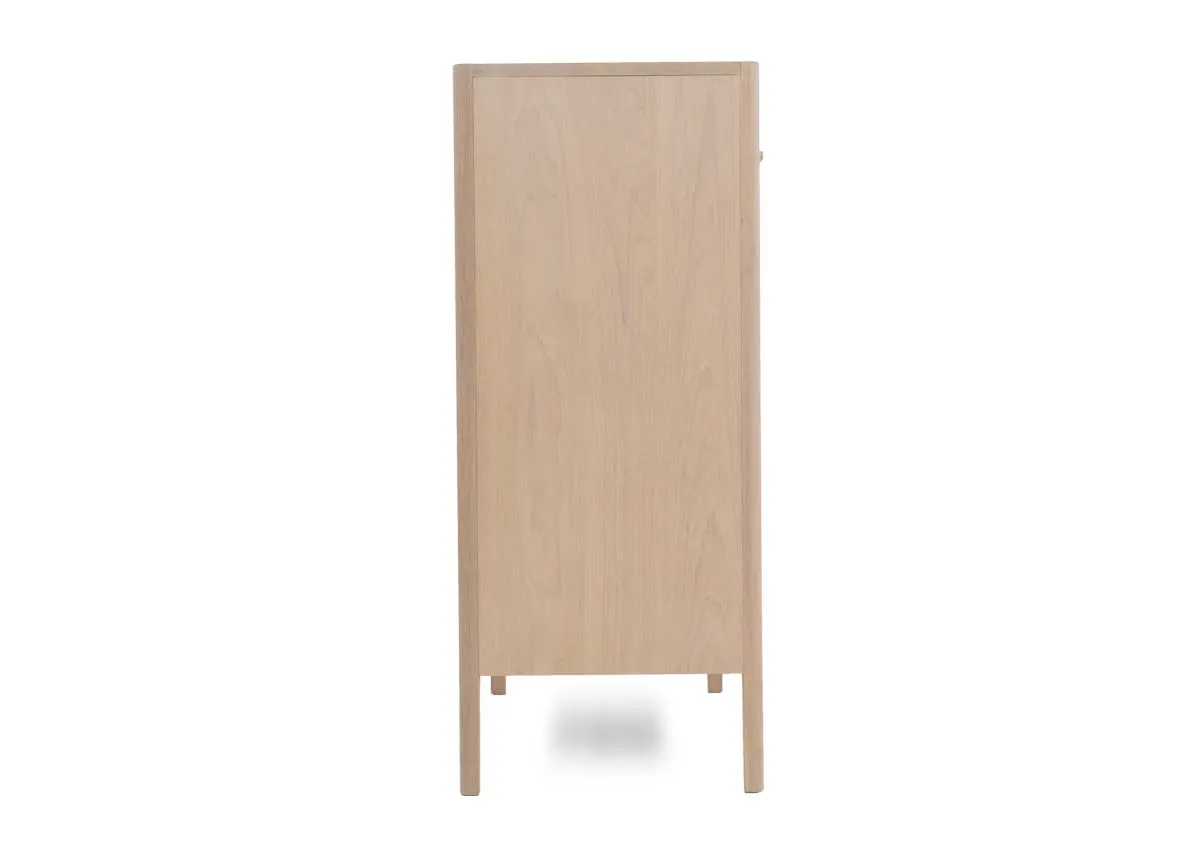 A white oak chest of 3 large and 2 small drawers from EZ Livings Jay range.Side veiw of wood finish