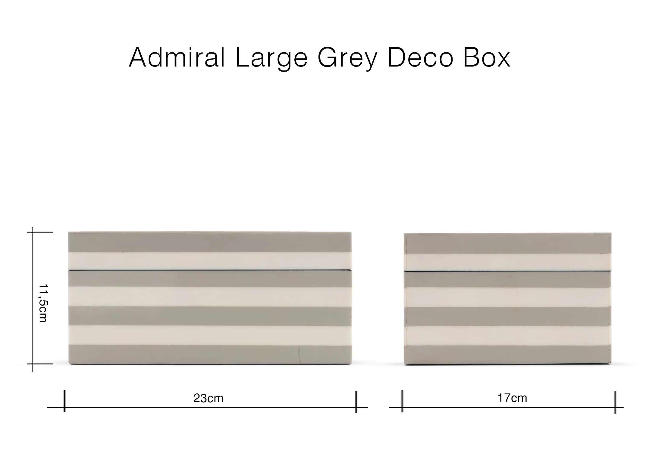A dimension image of the Admiral large deco box with 23cm x 17cm x 11.5cm