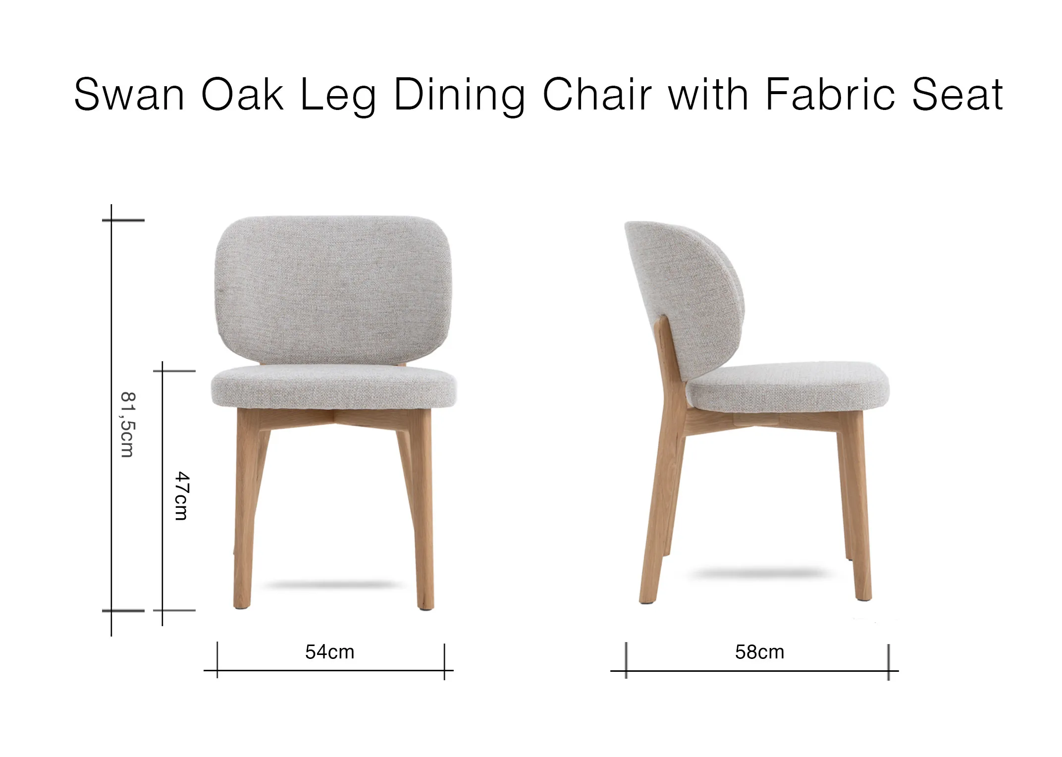 A dimension image of the Swan dining chair with 54cm x 58cm x 81.5cm