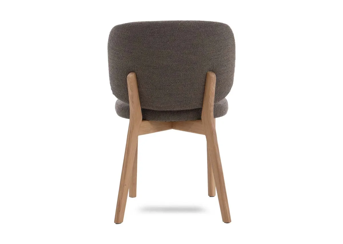 A taupe brown dining chair from EZ Livings Swan range. Back view of oak frame.