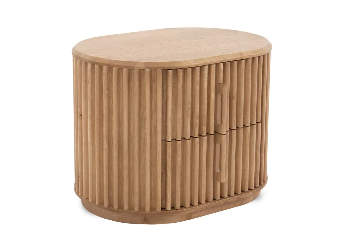 An oak locker with curved edges and slatted fascia from EZ Livings Bradley range. Angled view with wood handles