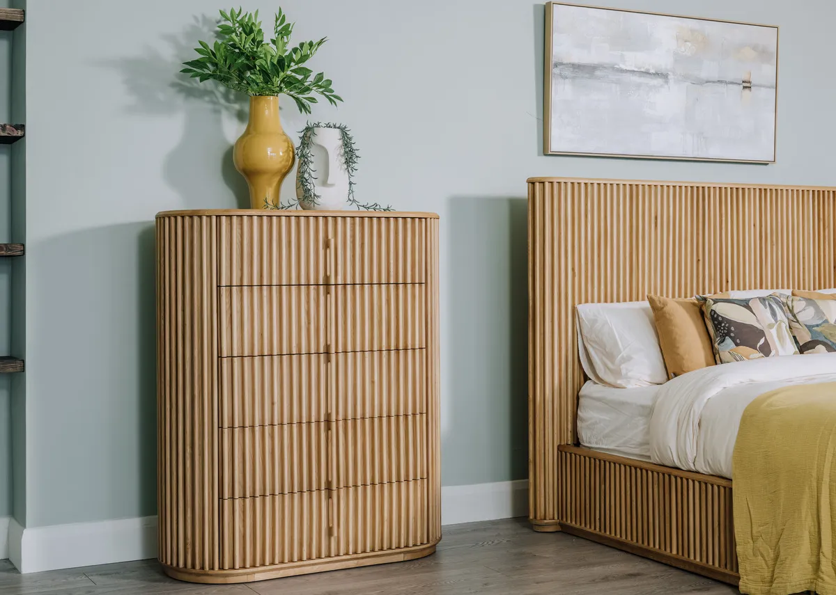 5 Drawer Slatted Oak Tallboy - Bradley