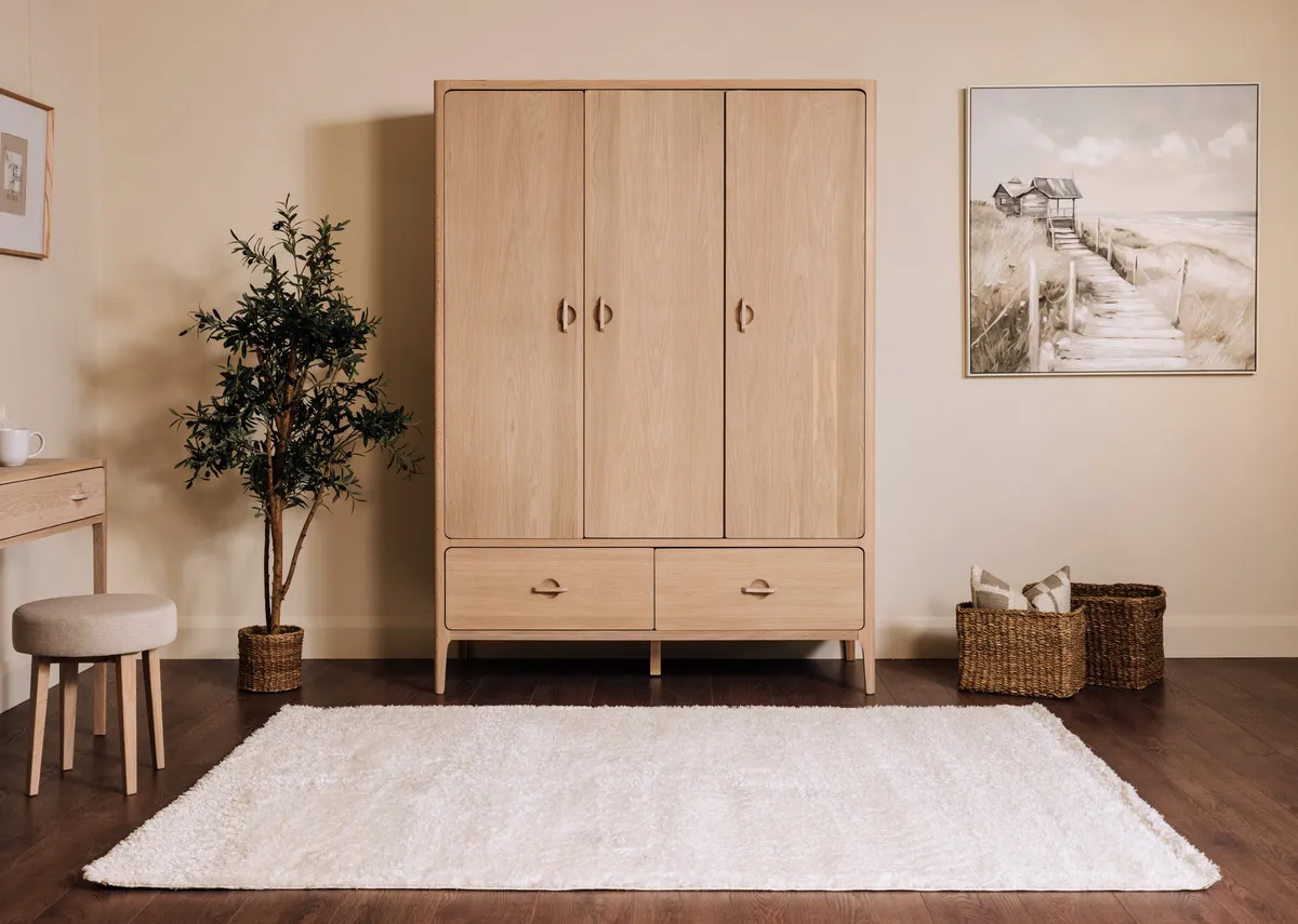 A lifestyle image of the Kassy rug with Jay wardrobe with Journey canvas