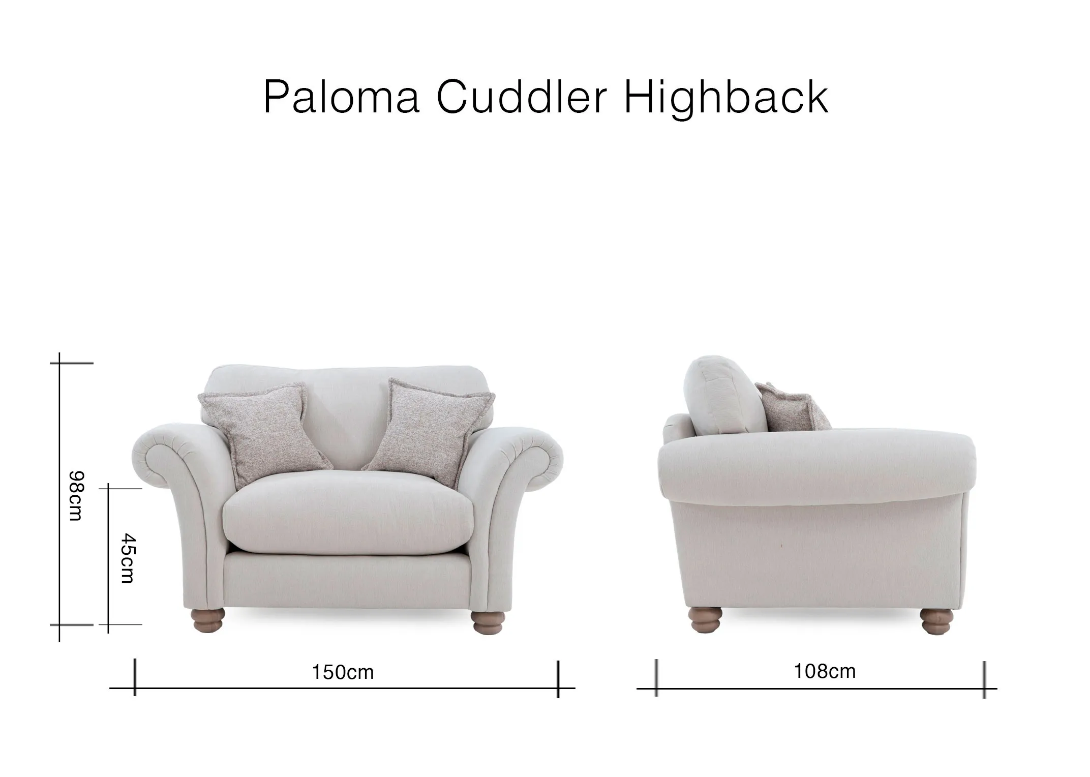 A dimension image of the Paloma Cuddler with 150cm x 108cm x 98cm
