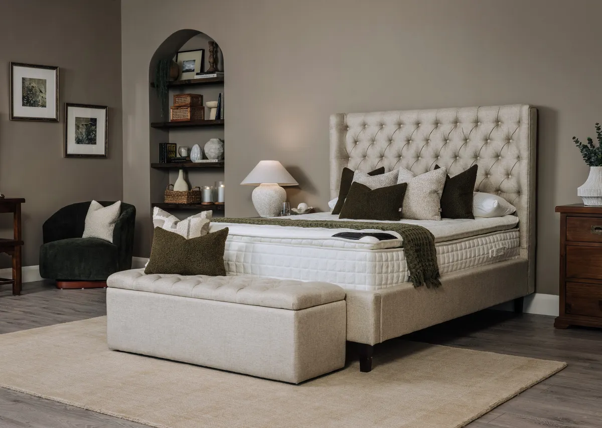 A lifestyle image of the Legacy 2000 on the Chelsea bedframe with Majestic blanket box.