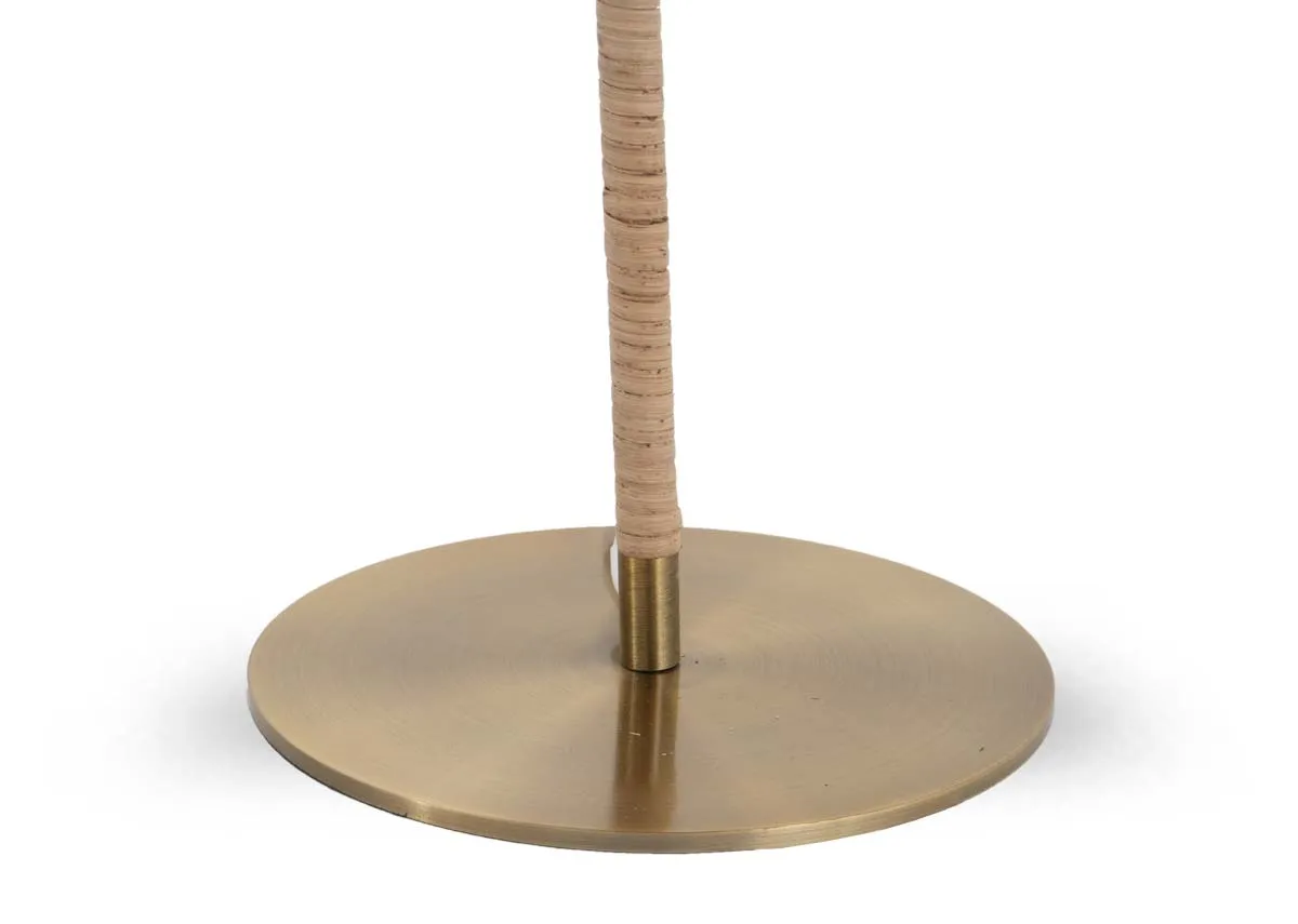 An antique gold table lamp with woven shade from EZ Livings Glenveagh range. Closeup of round base.