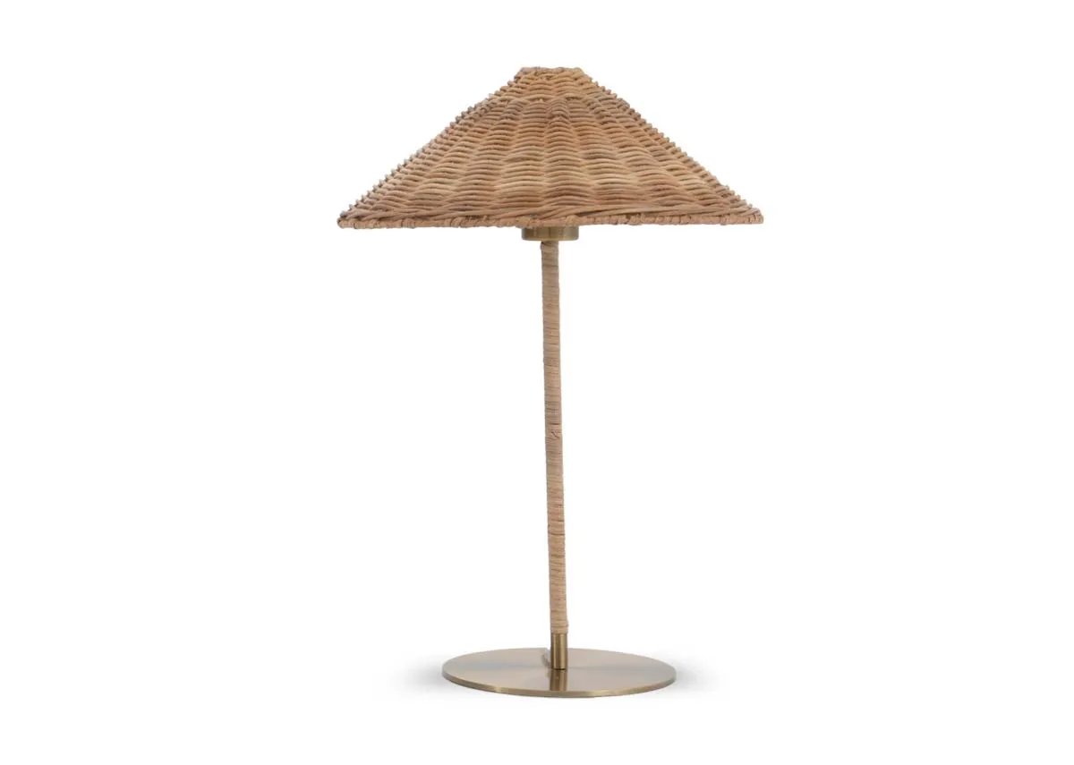 An antique gold table lamp with woven shade from EZ Livings Glenveagh range. Front view.