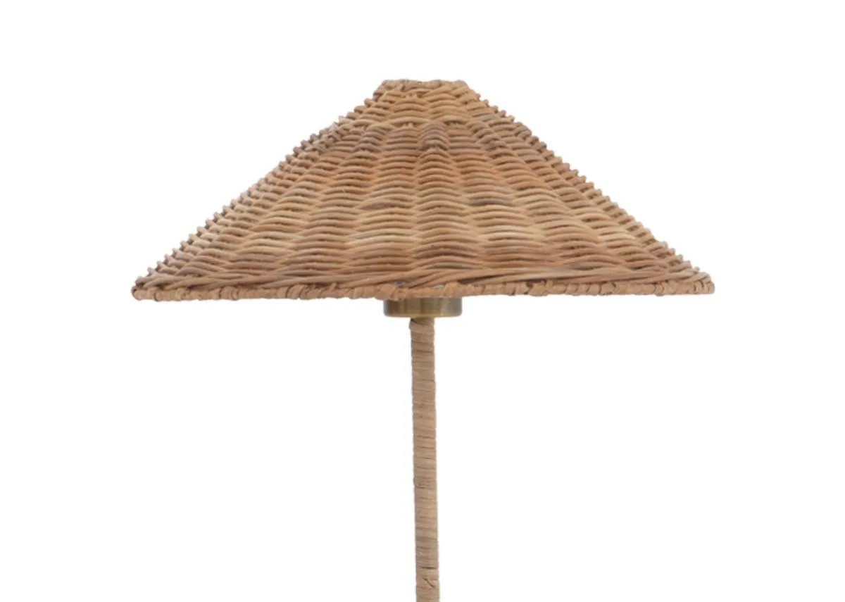 An antique gold table lamp with woven shade from EZ Livings Glenveagh range. Closeup of wicker shade.