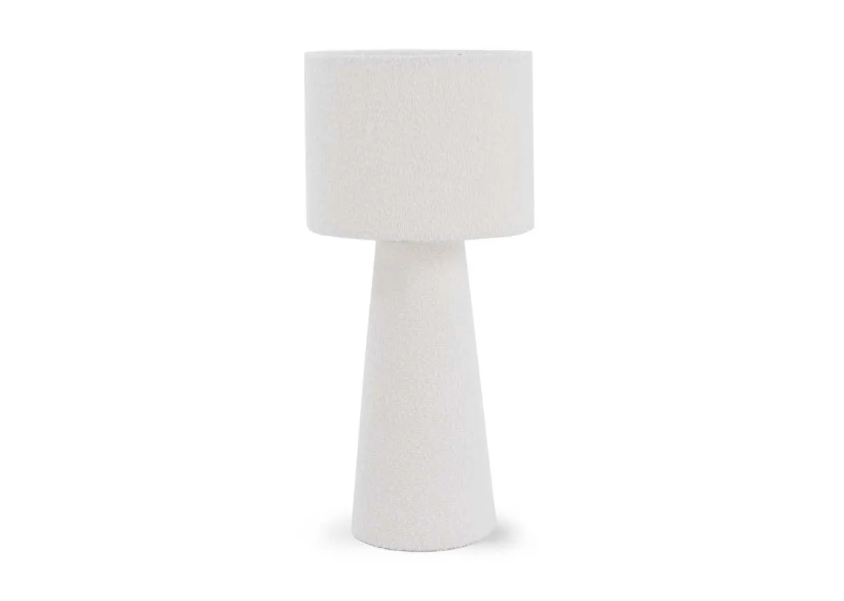 A white table lamp with boucle shade from EZ Livings Tullow range. Front view