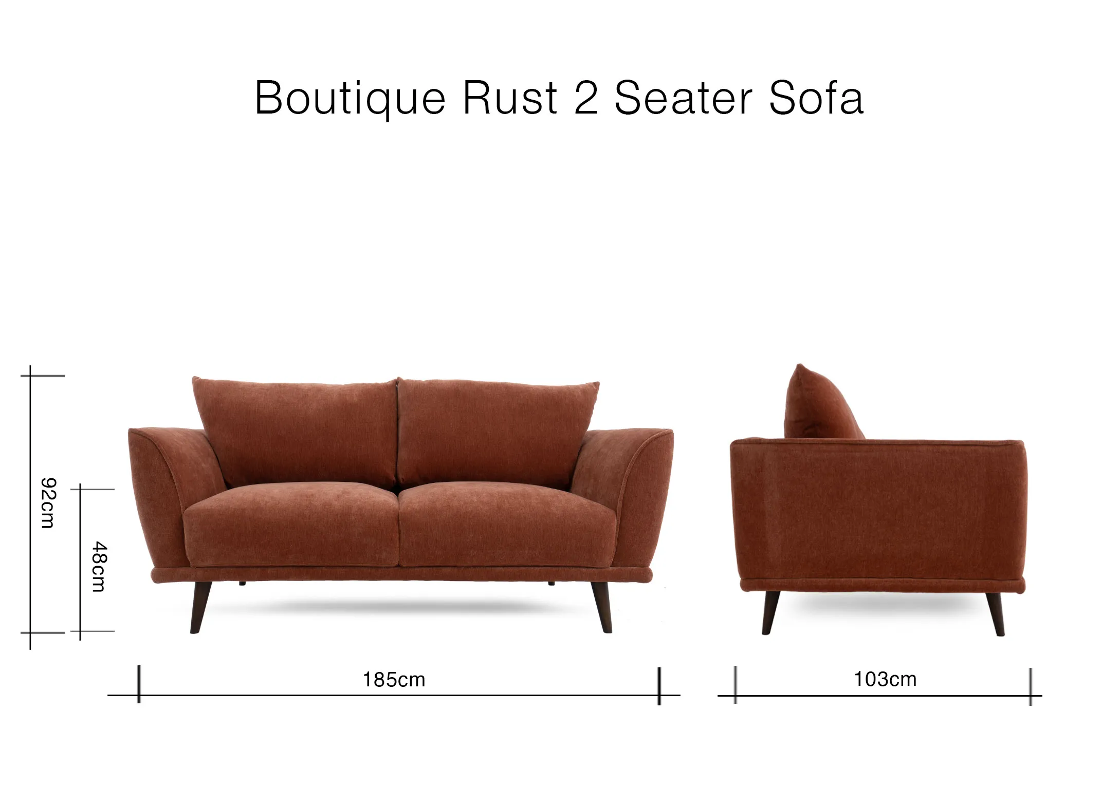A dimension image of the Boutique 2 Seater sofa with 185cm x 103cm x 92cm
