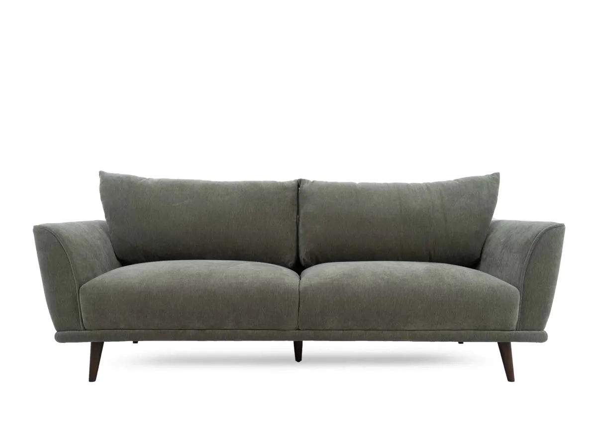 Four seater olive green Boutique sofa showing the back and a single back cushion.