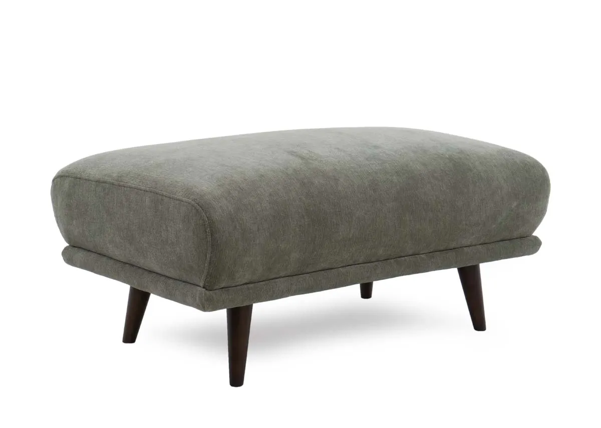 Large footstool in olive green fabric viewed from a slight right angle.