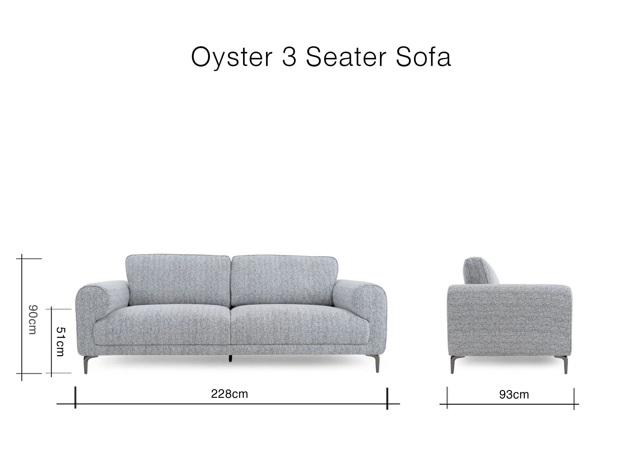 A dimension image of the Oyster 3 Seater sofa with 228cm x 90cm x 93cm