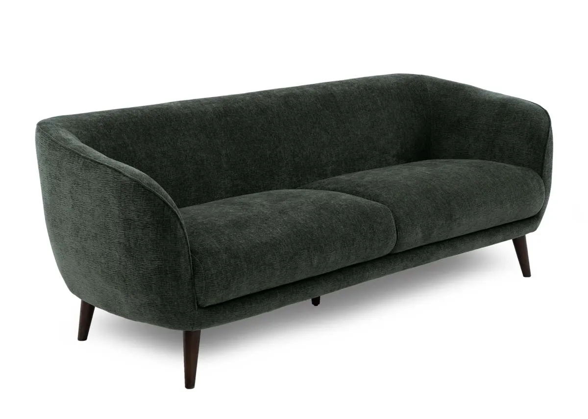 A green fabric 3 seater sofa from EZ Livings Amber range. Angled view.