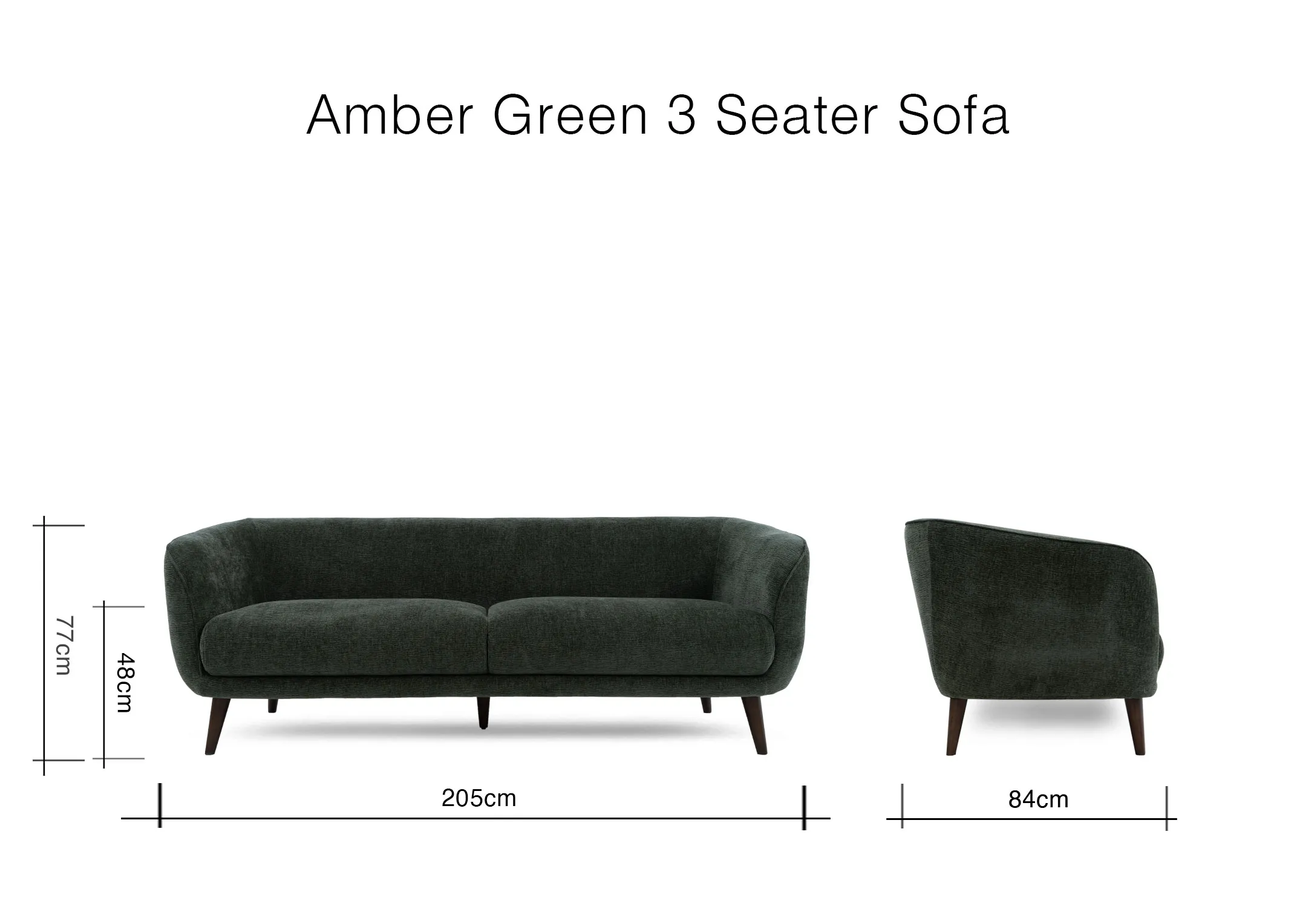 A dimension image of the Amber 3 seater sofa with 205cm x 84cm x 77cm