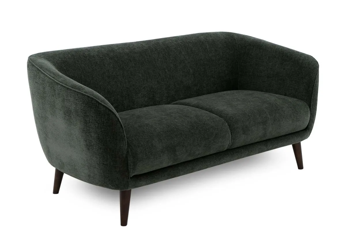 A green fabric 2 seater sofa from EZ Livings Amber range. Angled view of wood feet and low arms