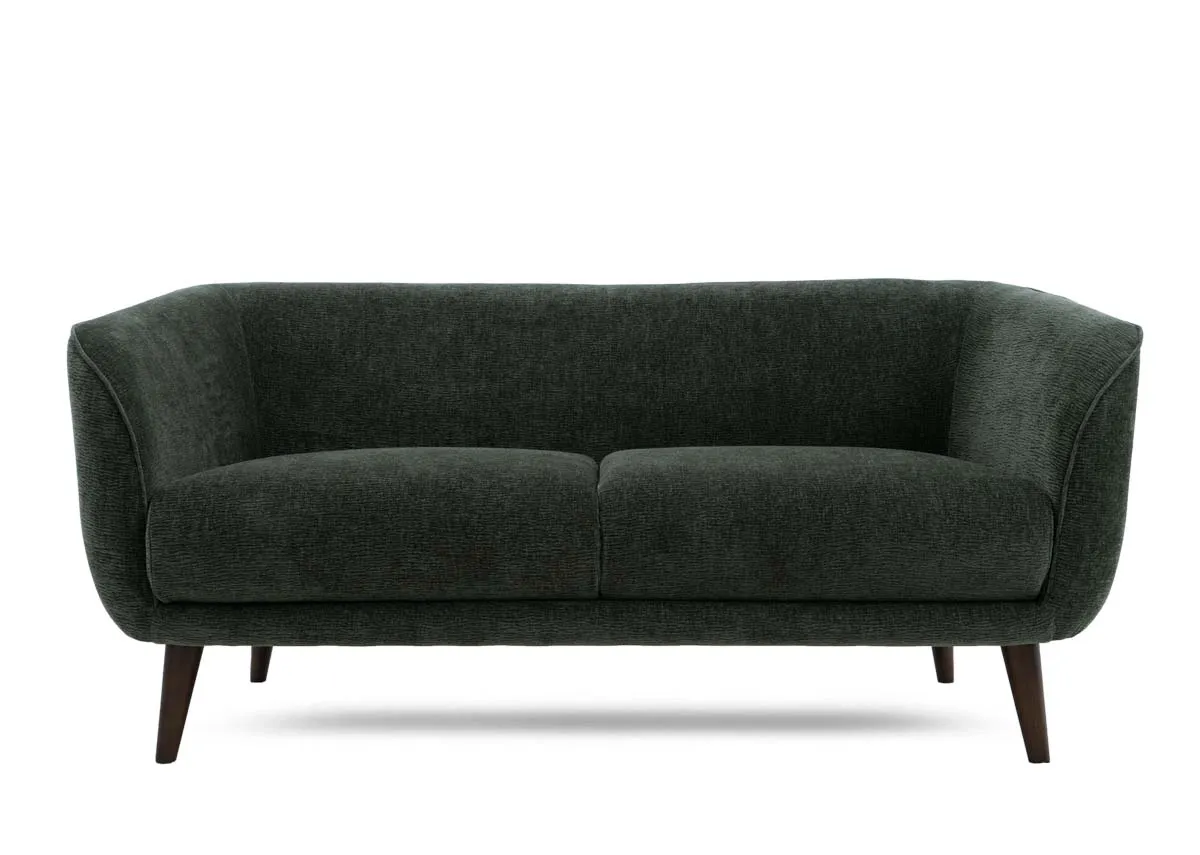 A green fabric 2 seater sofa from EZ Livings Amber range.Front view