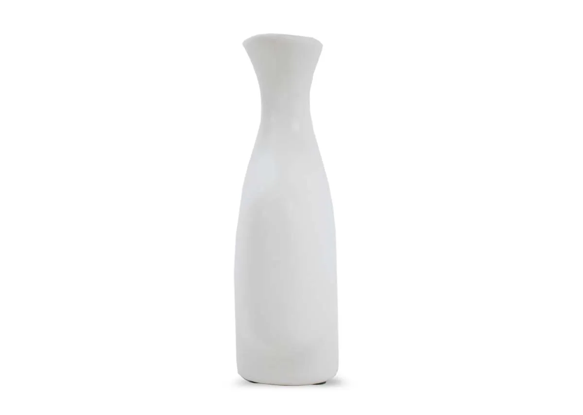 A small tall slender white ceramic decorative item with a smooth finish and a narrow neck.