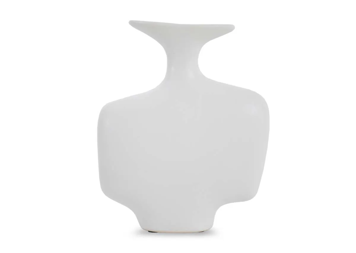 A small white ceramic decorative item with an abstract sculptural shape and a flared top opening.