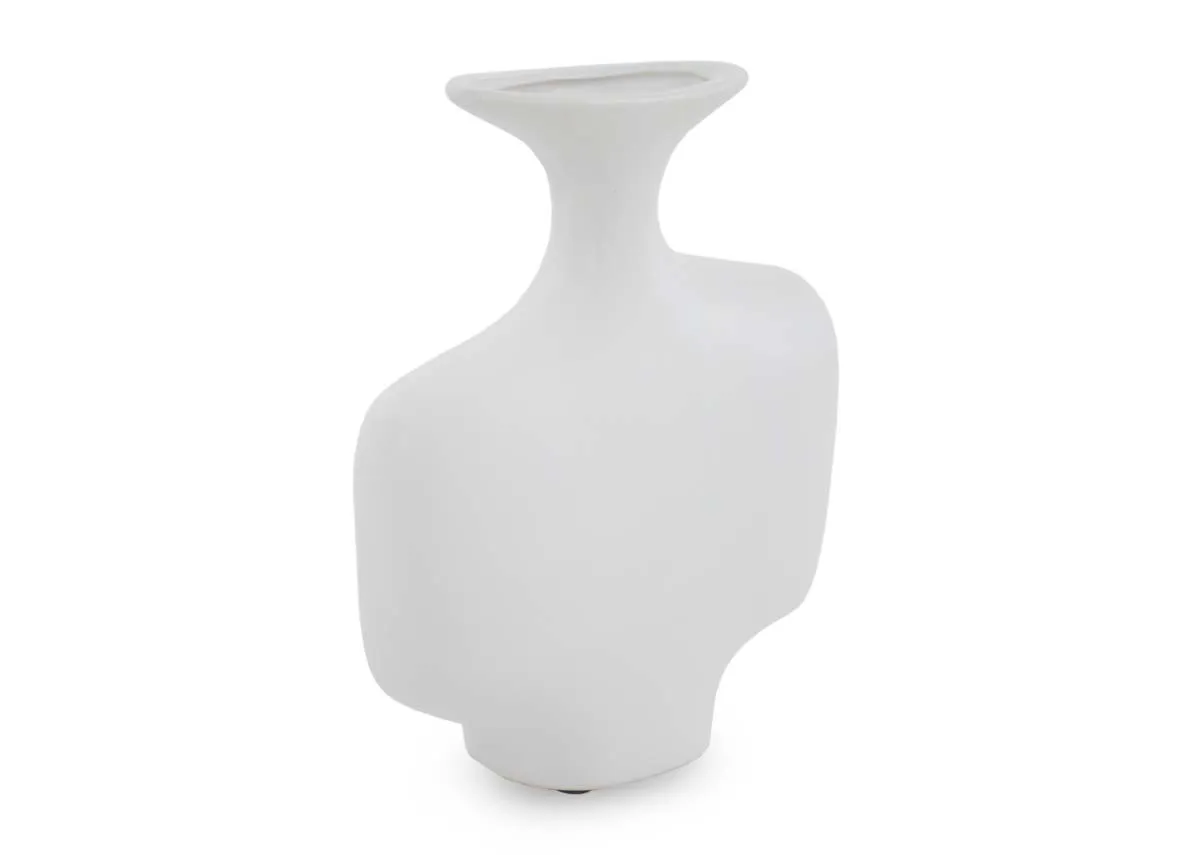 A small white ceramic decorative item with an abstract sculptural shape and a flared top opening.