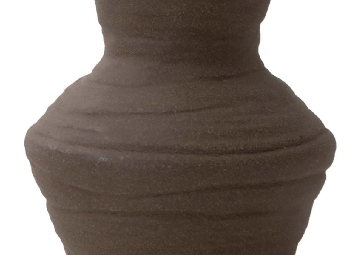 A brown textured vase from EZ Livings Greccio vase. View of ridges on vase