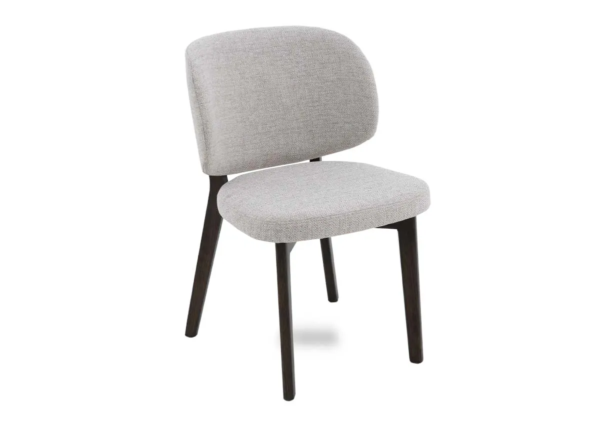 A beige fabric dining chair with espresson brown legs from EZ Livings Swan range. Angled view