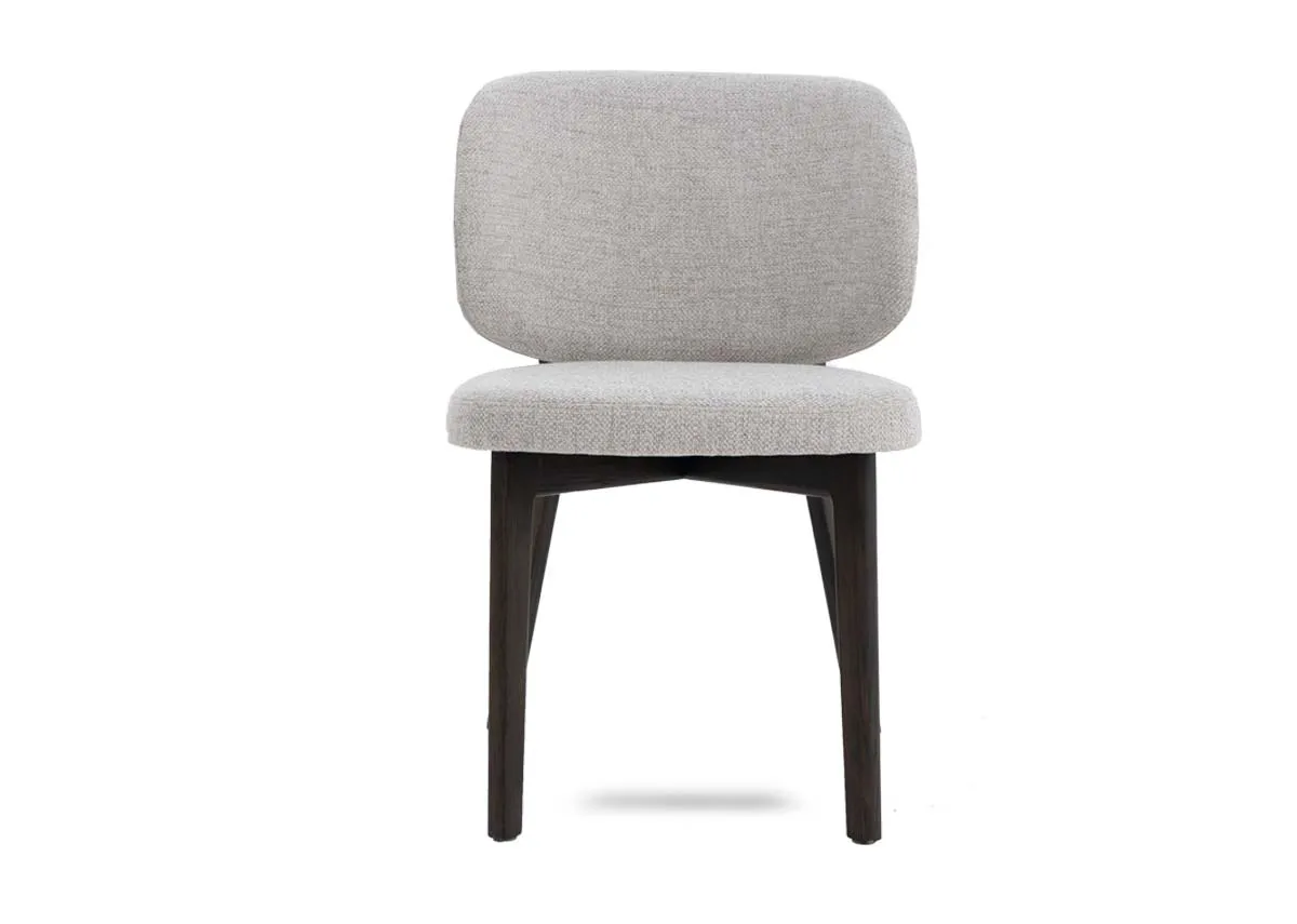 A beige fabric dining chair with espresson brown legs from EZ Livings Swan range.Front view of foam padded seat.