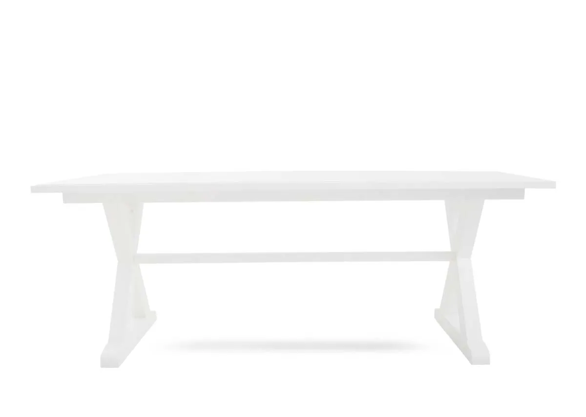 A white rectangular dining table from EZ Livings Hampton range.Front view of acacia frame.