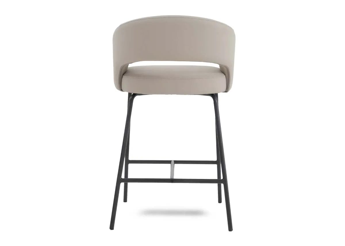 An ivory leather bar stool with black metal frame from EZ Livings Matteo range. Back view of arched back rest.