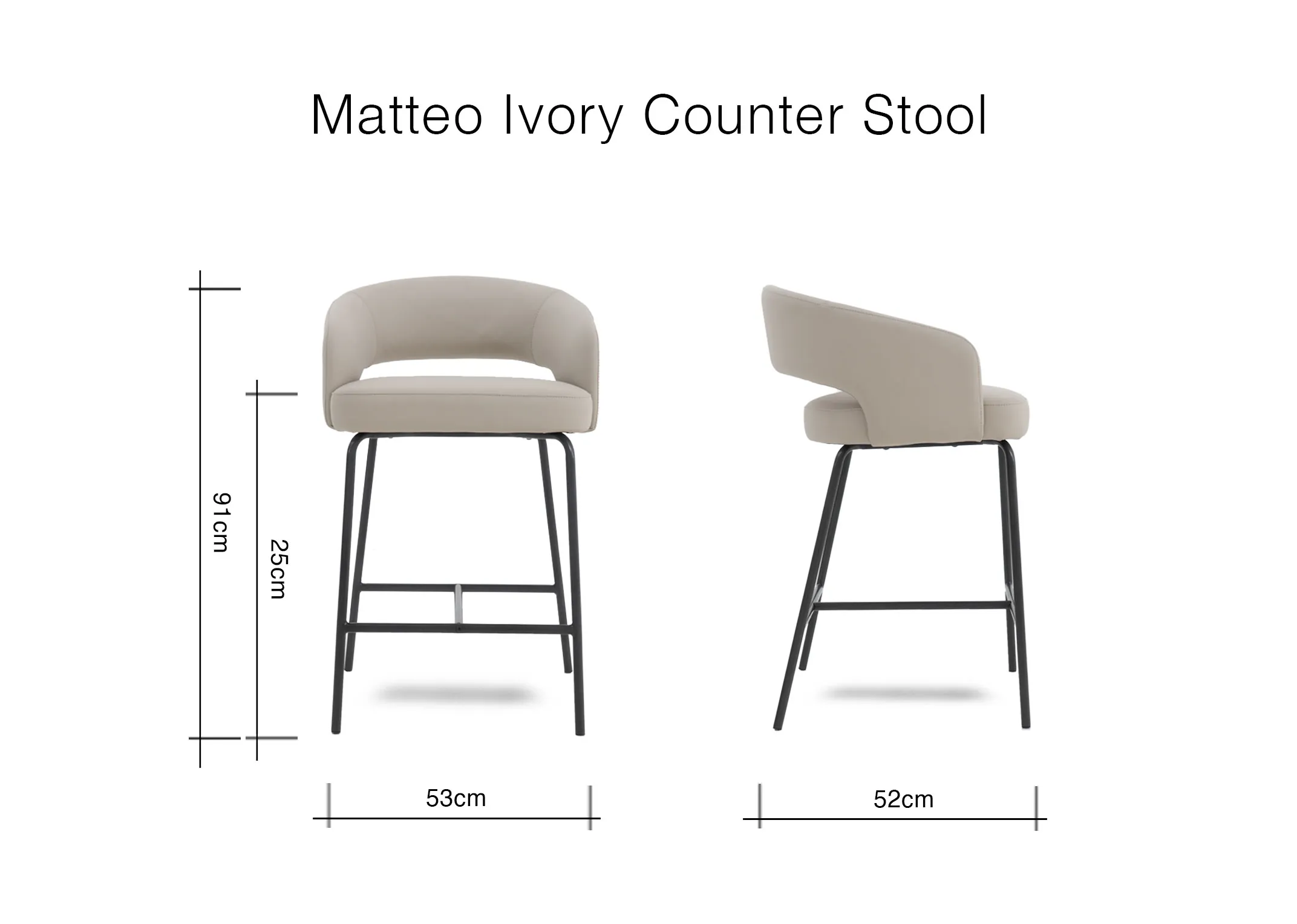 A dimension image of the Matteo Bar Stool with 53cm x 52cm x 88cm