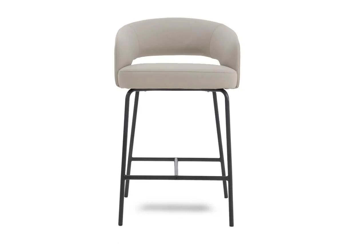 An ivory leather bar stool with black metal frame from EZ Livings Matteo range. Front view of wide seat