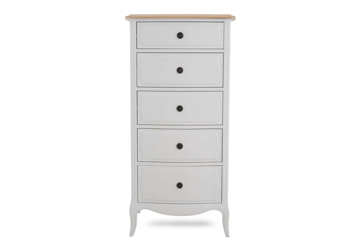 5 Drawer White & Oak Top Tallboy - Amelie