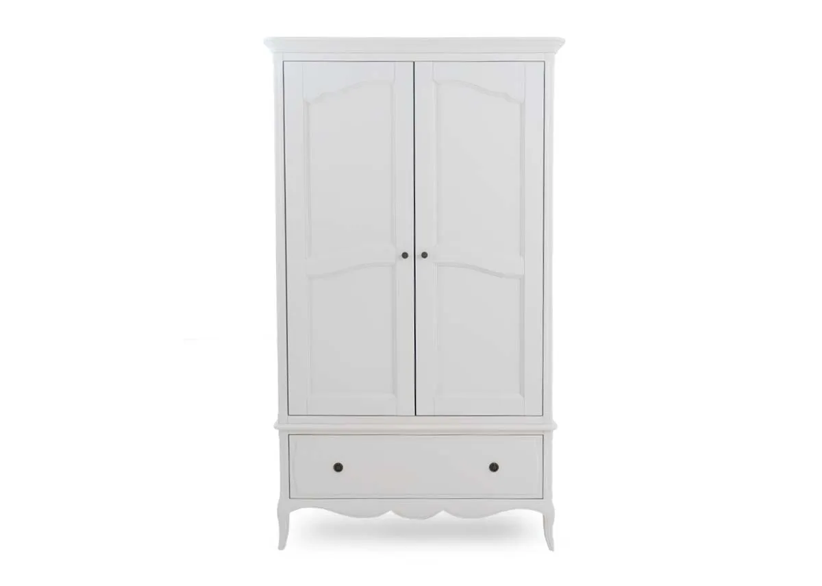 A 2 door white Amelie wardrobe with doors closed with curved detail on trim