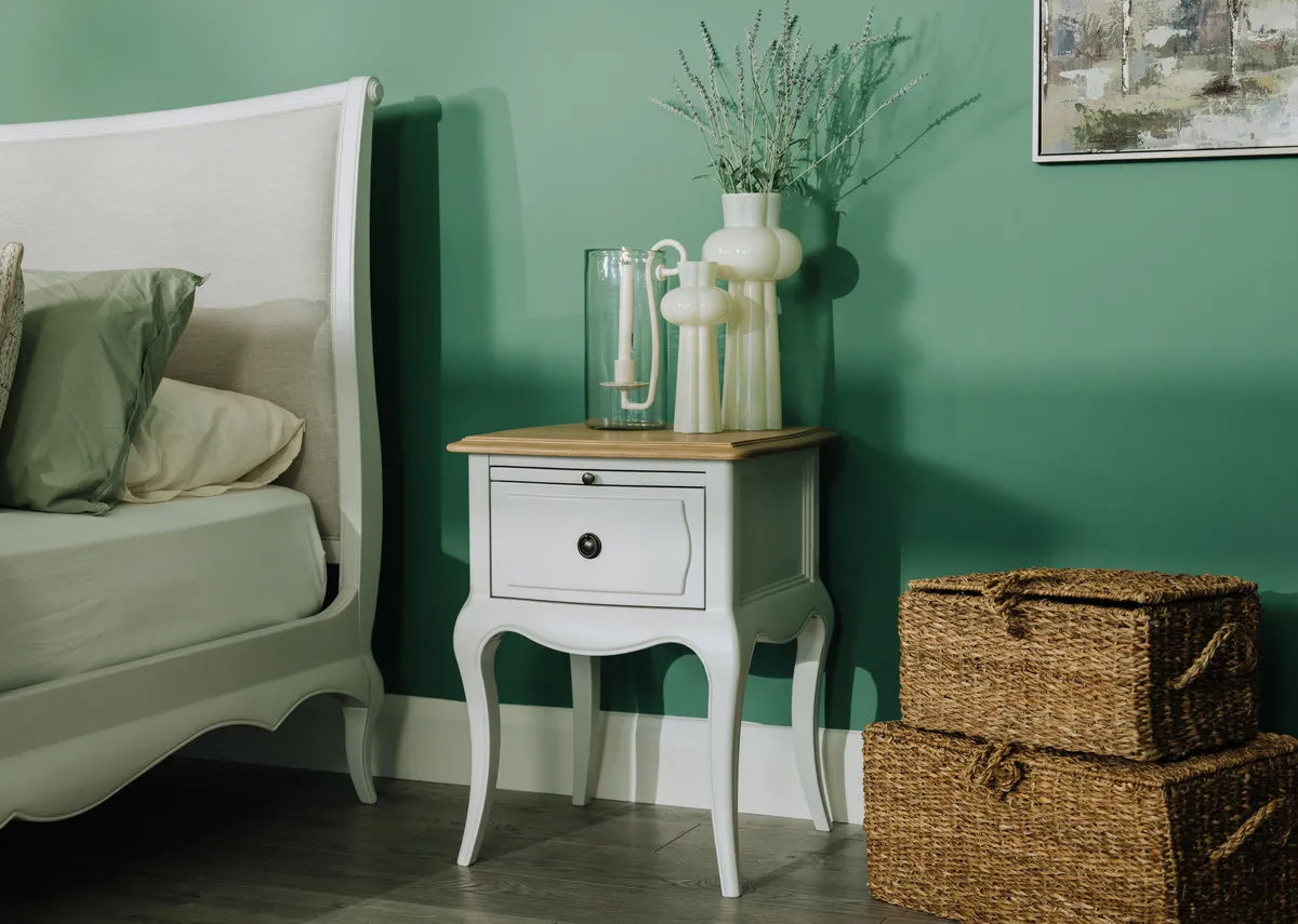 A lifestyle image of the Amelie locker with bedframe and Cove baskets. 